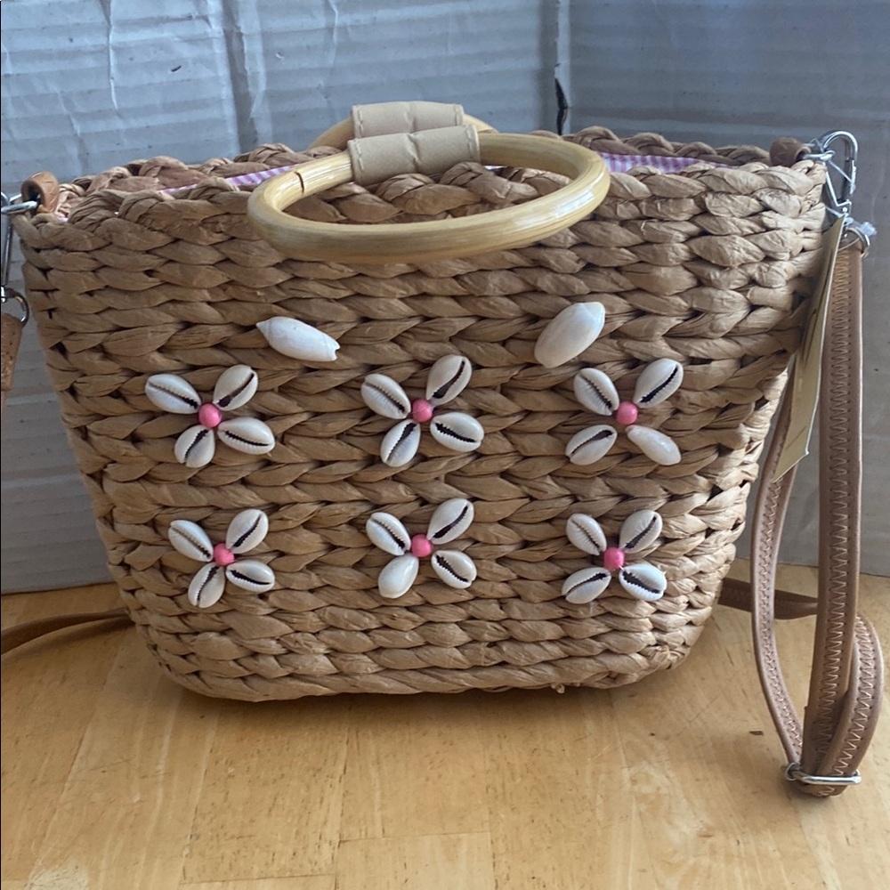 Collection XIIX Tan Woven Crossbody Bag with Shell Details